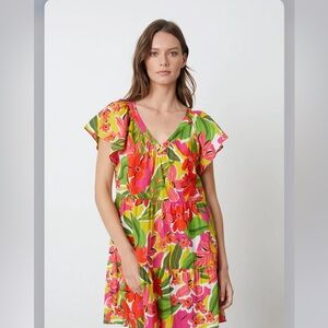 Velvet Floral Dress - Pink, Green, Yellow
